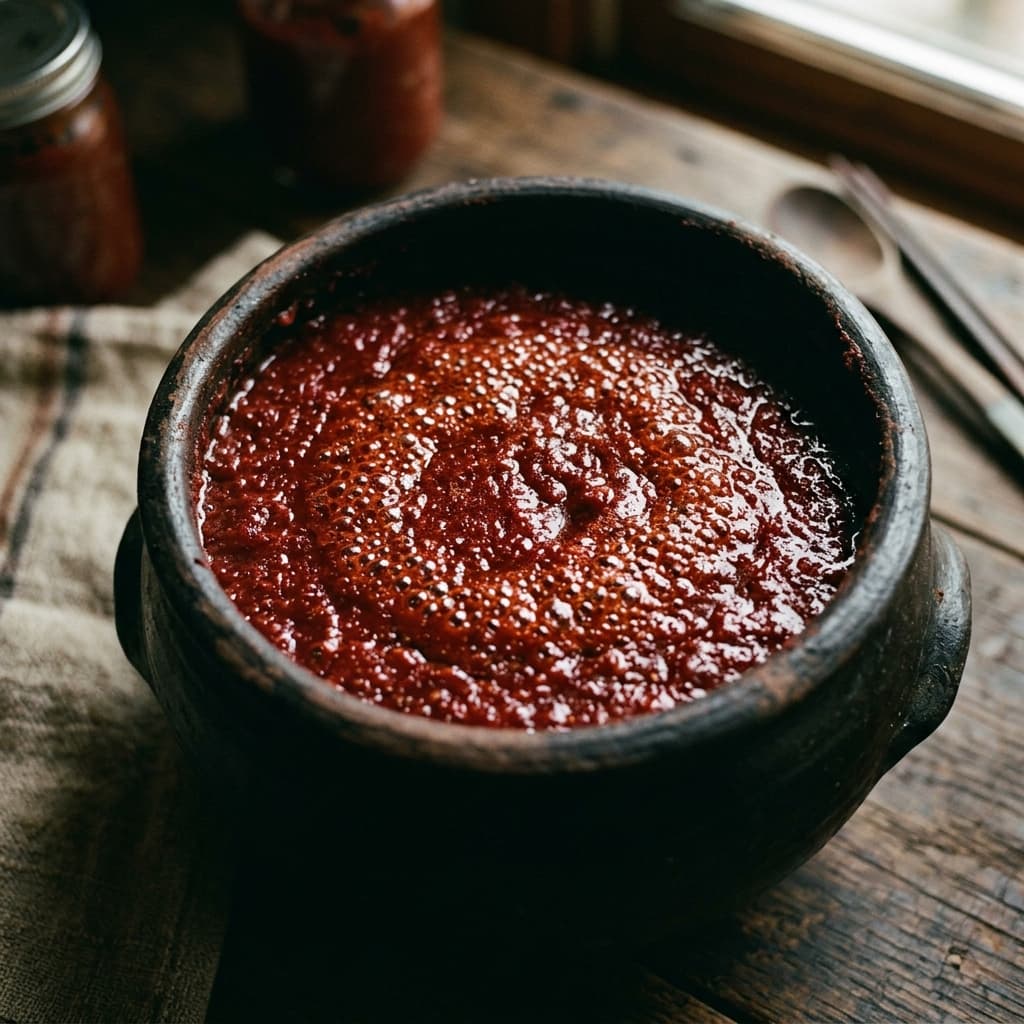 Deep red fermenting paste bubbling in a Korean onggi